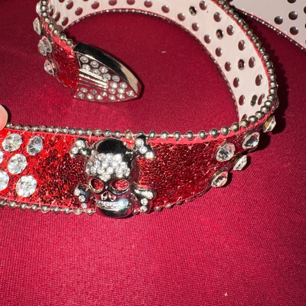Red Rhinestone Studded Belt - Picture 2 of 4